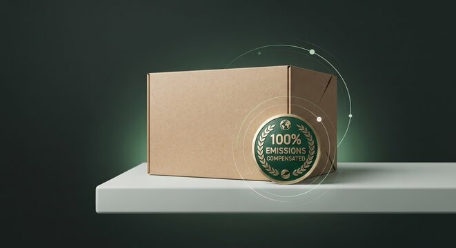 Minimalist E Commerce Box with 100 Percent Emissions Compensated Eco Badge