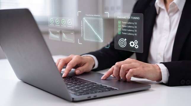 ai model parameter tuning and machine learning optimization  showing developer working on laptop with holographic transformer attention matrix, latency metrics, and accuracy loss charts.

