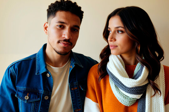 Portrait of young adult couple posing together, man looking at camera, woman looking aside, expressing relationship and lifestyle concept. Ideal for dating, family, or apparel marketing