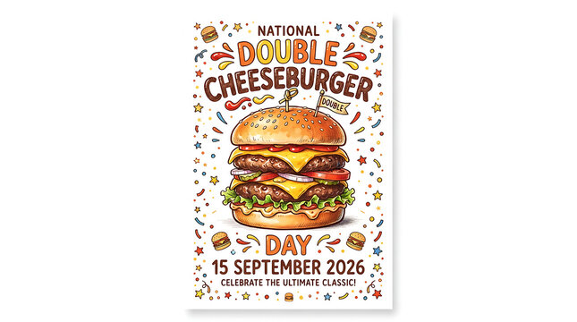 NATIONAL DOUBLE CHEESEBURGER DAY" prominent text, "15 SEPTEMBER 2026" date, subtitle "(CELEBRATE THE ULTIMATE CLASSIC)", festive party elements, appetizing food