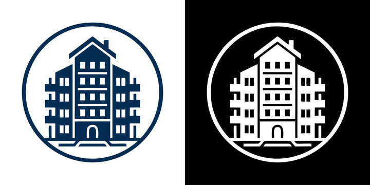 Blue and white apartment building icons in circles, representing modern residential architecture for real estate and property management logos