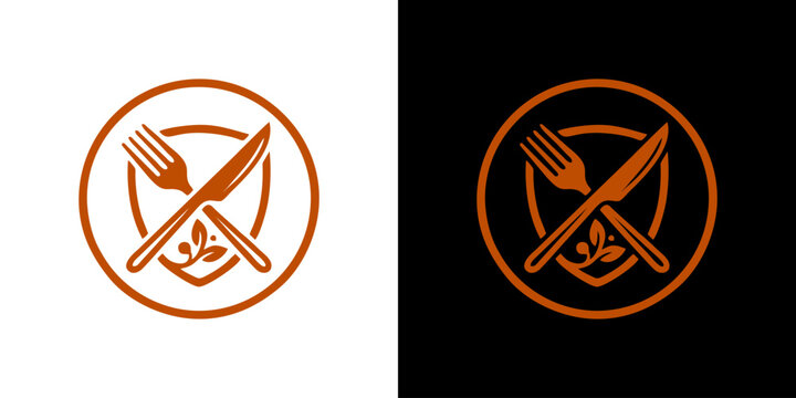 Crossed fork and knife logo within a circular shield with a leaf, signifying refined dining, fresh cuisine, and quality restaurant services