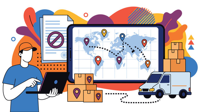Courier tracking global delivery route on tablet screen and holding laptop computer.