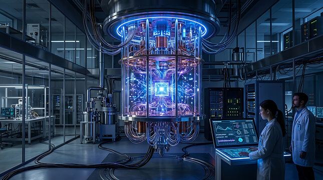 Quantum computer processor in a futuristic laboratory with scientists monitoring data.