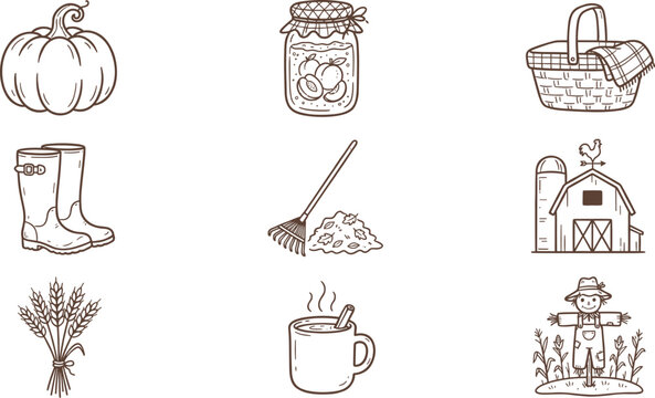 Autumn Farm Icon Set with Pumpkin and Scarecrow
