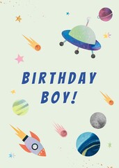 Space-themed birthday boy poster with colorful planets, rockets, and stars © Rawpixel.com