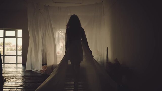 Dark silhouette young sexy woman in long silk peignoir walks to canopy bed curtains white fabric fly in wind slow motion, window bedroom. gothic fantasy girl ghost in elegant robe back rear view