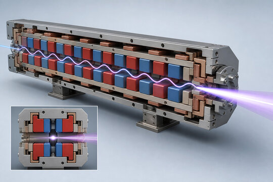 Cutaway wiggler magnet emitting brilliant synchrotron beam