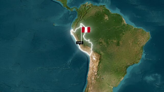 Peru Map Zoom with Peruvian Flag Pin and Lima Label