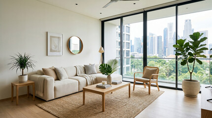 Fototapeta premium Modern Minimalist Living Room with Beige Sofa and Panoramic City Skyline View from Floor to Ceiling Windows