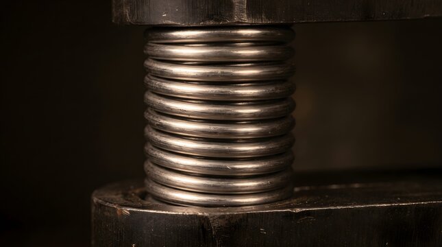 Industrial steel spring under compression, heavy duty metal coil in hydraulic press, mechanical engineering component for suspension
