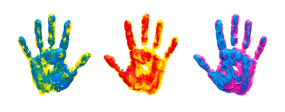 Colorful Painted Handprints Isolated on Transparent Background, Vibrant Messy Acrylic Paint Hands, Creative Art Concept Graphic Element