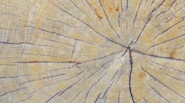 A cross-section of an old tree trunk showing circular growth rings radiating from the center, with radial cracks extending outward.
