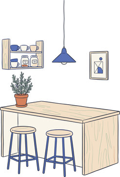 Kitchen Island with Wooden Stools and Pendant Light