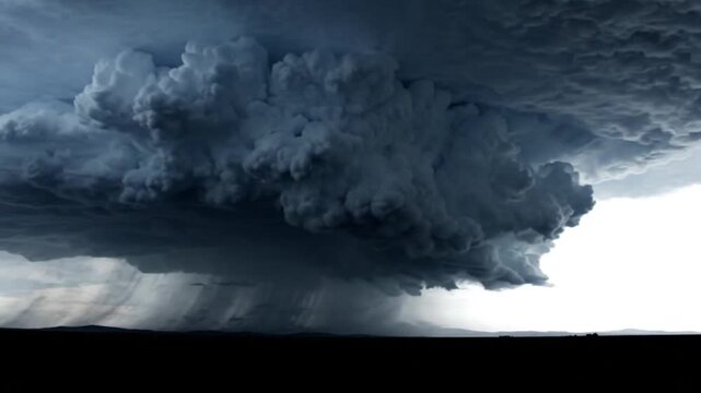 Severe thunderstorm with dark towering cumulonimbus clouds and heavy rain
