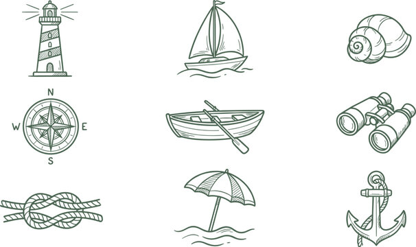 Nautical Hand Drawn Icon Set with Lighthouse Boat and Anchor
