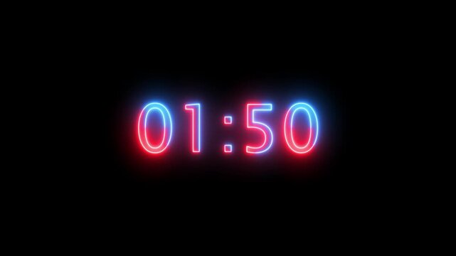 Glowing neon 2 minute Countdown. neon 2 to 1 minute Countdown timer on black background. neon Countdown timer from 2 minute to 1 minute suitable for presentations, educational. 4k video