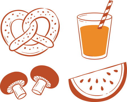 Pretzel Juice Mushroom and Watermelon Food Icon Set
