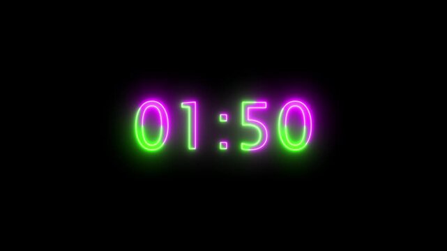 Glowing neon 2 minute Countdown. neon 2 to 1 minute Countdown timer on black background. neon Countdown timer from 2 minute to 1 minute suitable for presentations, educational. 4k video