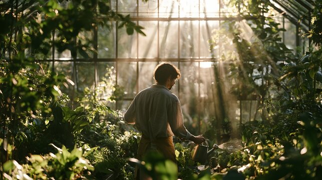 Person gardening inside sunlit greenhouse surrounded by lush green plants.