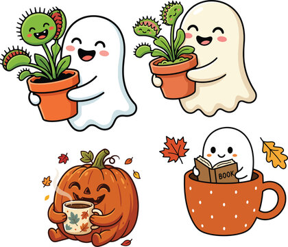 Cute happy ghost and pumpkin characters set for autumn season holiday
