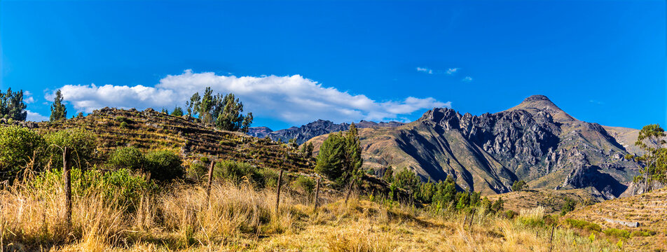 A panorama view of the rugged sides of the Colca Valley area of the Andes in southern Peru in the dry season