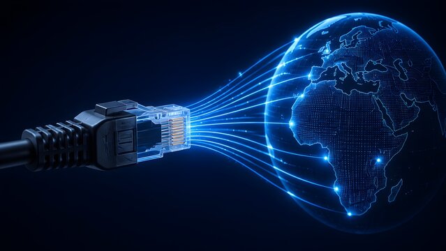 Global internet broadband network connection with ethernet cable plugging into glowing digital earth sphere