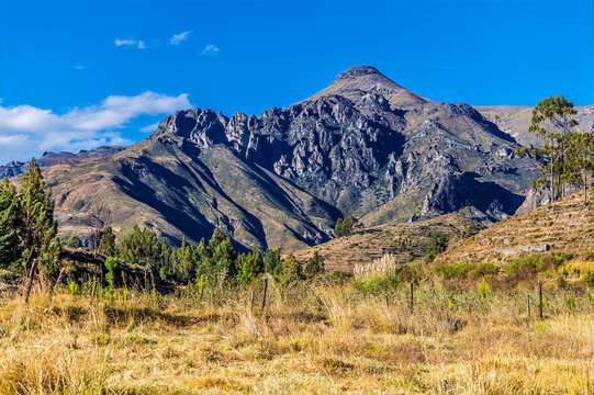 A view of the rugged sides of the Colca Valley area of the Andes in southern Peru in the dry season