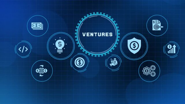 Ventures concept with startup growth, investment planning and digital business icons on a modern blue technology background.