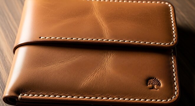 Luxury brown leather wallet resting on a rustic wooden table with accessory