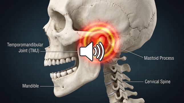 Human skull medical illustration showing TMJ clicking and jaw pain