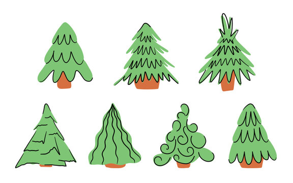 Christmas Tree Set Collection Assorted Hand Drawn Doodle Style