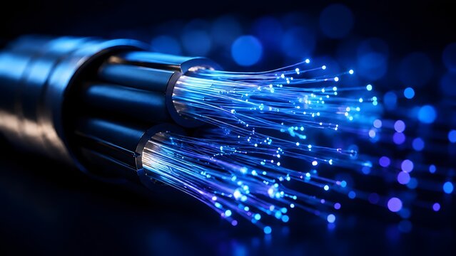 Macro fiber optic cable with glowing blue light threads for high speed internet connection telecommunications
