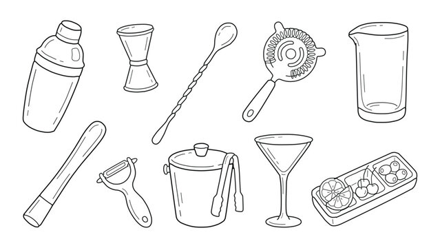 A hand drawn doodle vector set of bar tools and cocktail equipment, perfect for bar menu design