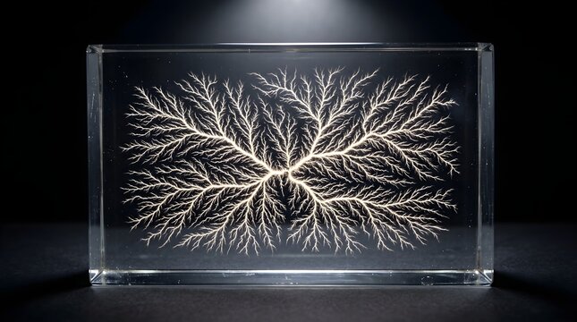 Lichtenberg figure in acrylic glass block. Glowing electrical discharge fractal pattern. High voltage lightning sculpture for science decor.