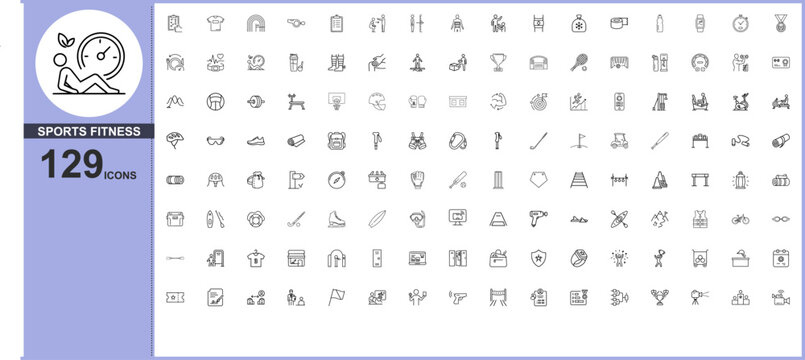 Sports fitness line icons set, 129 workout and gym vector symbols, thin line athletic training UI elements ,Clean grouped each Icon