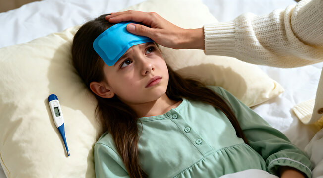Sick girl lying in bed with fever gel patch