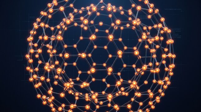 Abstract 3D visualization of a complex carbon molecule structure with glowing atomic connections.