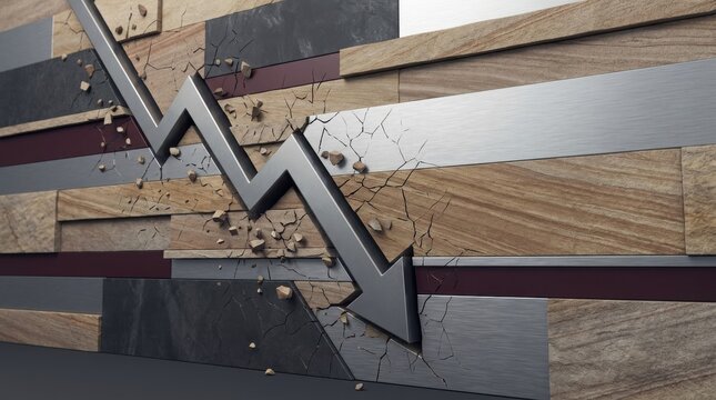 Downward trending arrow breaking through layered wooden and metal wall representing market decline