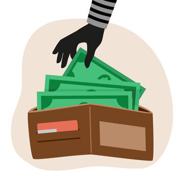 Thief scammer hand stealing money from wallet in flat design vector illustration