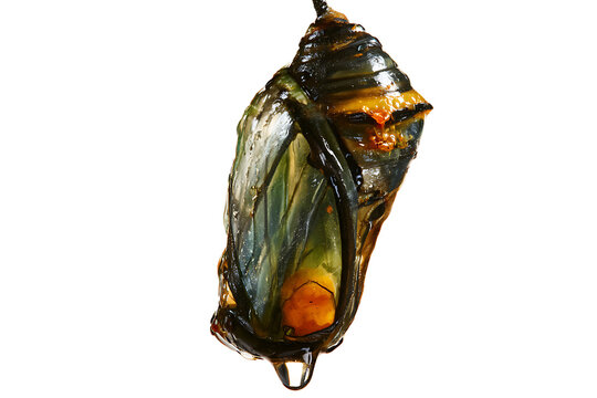 Monarch butterfly chrysalis with visible transformation inside, isolated on white background