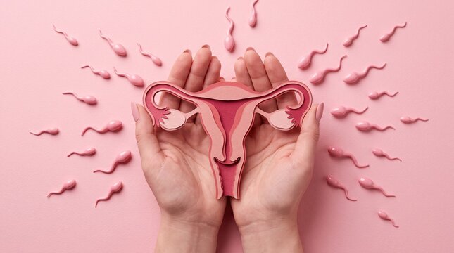 Woman hands holding uterus model with sperm for fertility concept