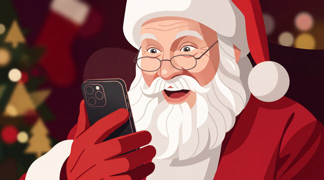 Der Weihnachtsmann schaut &uuml;berrascht auf das Smartphone in seiner Hand: Surfen am Weihnachten
