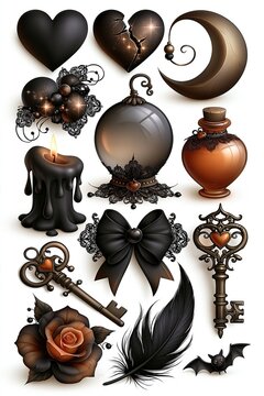 Collection of gothic halloween style decorative elements in black and bronze tones including hearts candle rose keys and ornate crystal ball