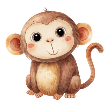 Cute watercolor illustration of a friendly baby monkey character isolated