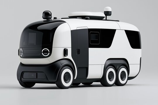 Autonomous futuristic electric public transport shuttle bus with sensors on roof in black and white design on plain gray background showing future mobility technology concept