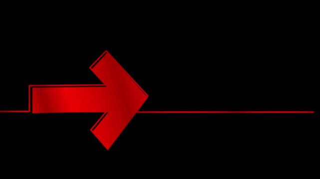 right directional arrow pointer indicator navigation forward sign symbol one continuous line art drawing animation , animated monoline isolated symbol red outline on black background