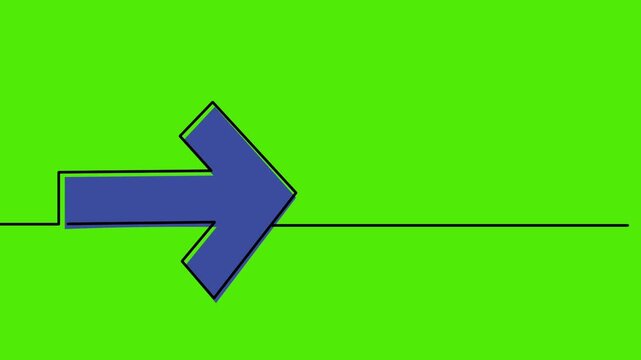 right directional arrow pointer indicator navigation forward sign symbol one continuous line art drawing animation , animated monoline isolated symbol blue arrow on green screen backdrop bg sign