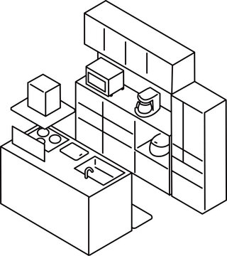 アイランドキッチンのアイソメ図_線画