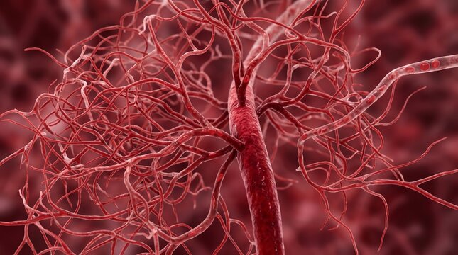 Microscopic 3D view of red human blood vessels and capillaries